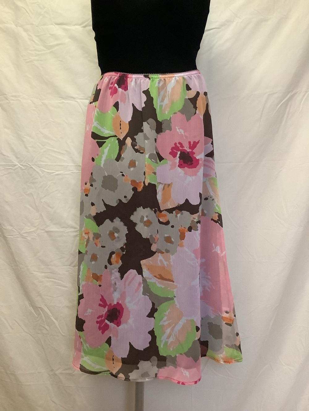 Croft & Barrow Midi Skirt-Pink Brown Green Gray Floral Pattern-Stretch Waist-8R